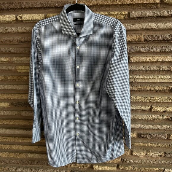 Hugo Boss Sharp Fit Blue and Gray Windowpane Plaid Long Sleeve Shirt Size 16.5 - Picture 8 of 9